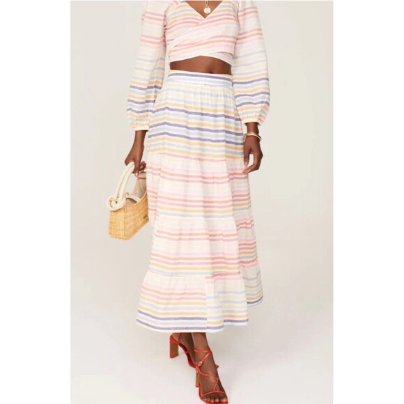 Banjanan Agatha Maxi Skirt Small White Candy Stripe‎ Boho Tiered Resort Wear - Picture 1 of 15
